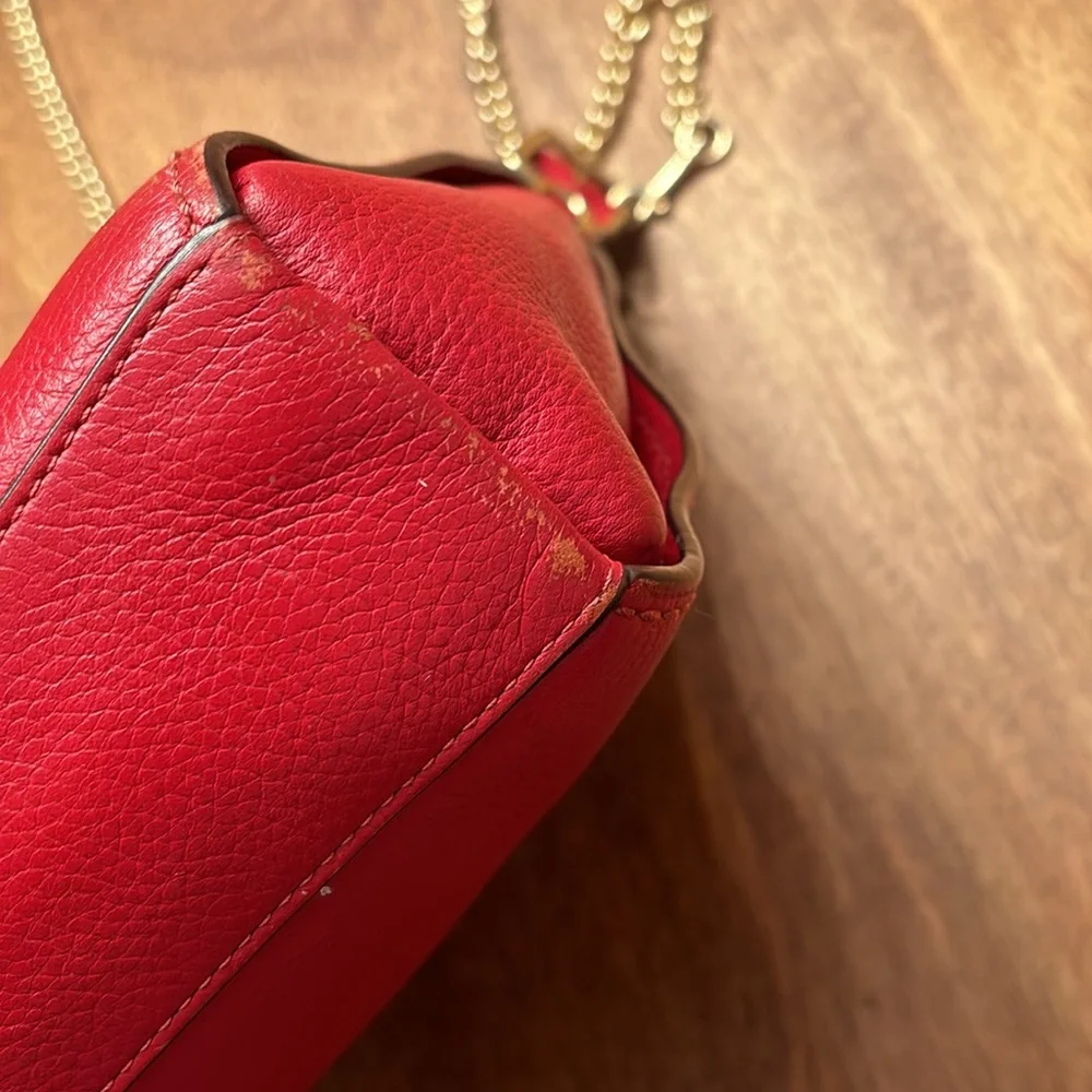 Red leather crossbody gold chain